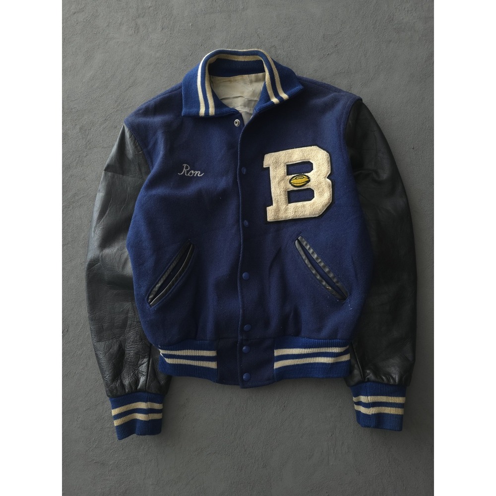 Vintage 1970s Blue‎ Wool Leather Sleeve Football Varisty Jacket USA M